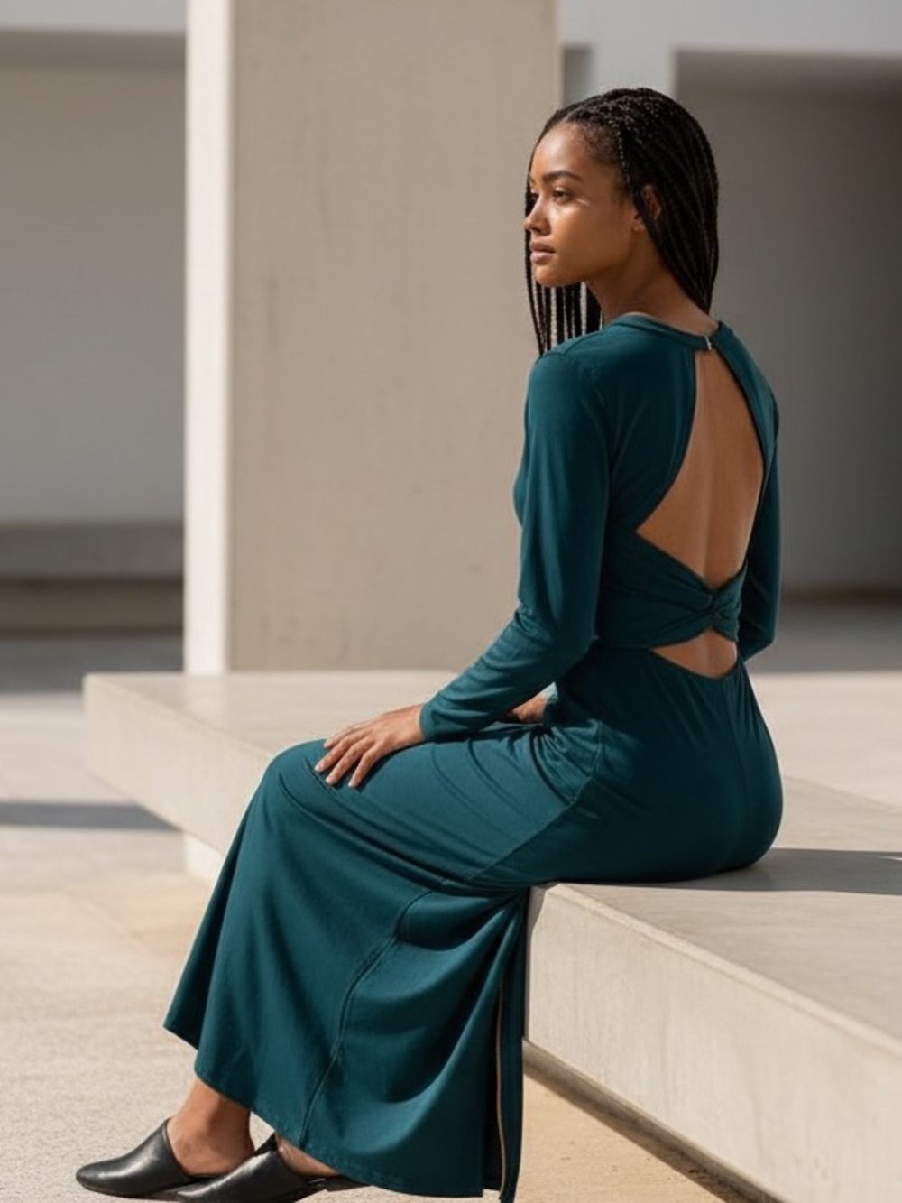 Halara Open Back Maxi Dress NWOT | Medium • Teal • Twist Detail • Long Sleeve